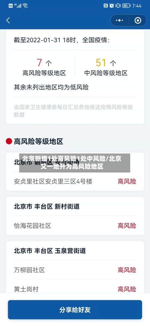 北京新增1处高风险1处中风险/北京又一地升为高风险地区
